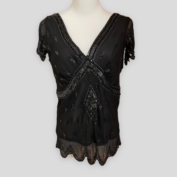 Papell Boutique 100% Silk Sequined Semi Sheer Top Size Large - Picture 1 of 8